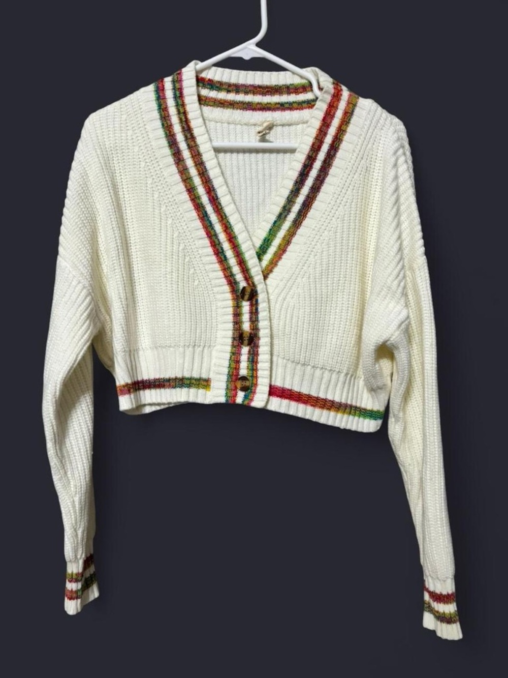 Cropped Cream V-Neck Cardigan with Multicolor Stripe Trim